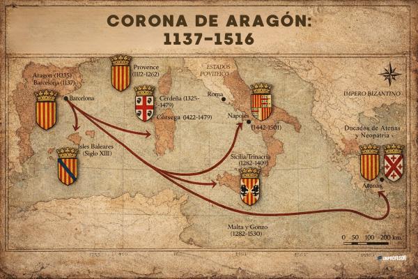 La Corona de Aragón: resumen, origen, territorios y características - Corona de Aragón: mapa