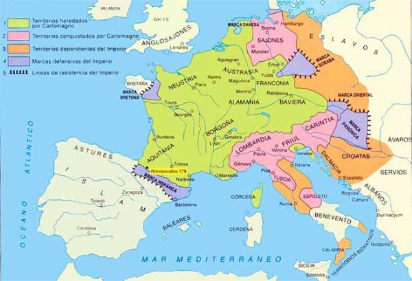 Imperio Carolingio - Resumen breve - Territorios conquistados por Carlomagno: