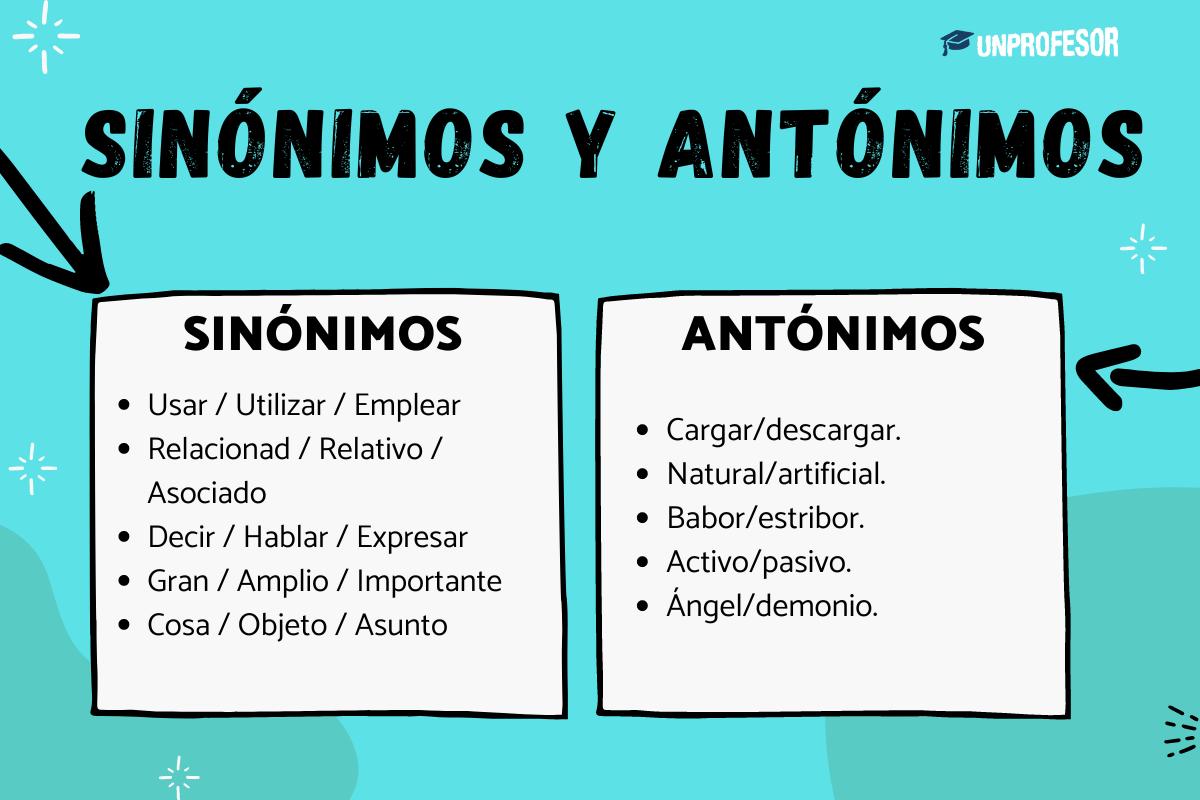 Ejemplos de sinónimos y antónimos: ejercicios
